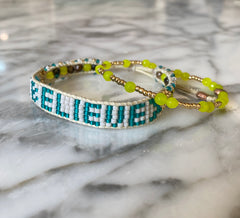 Beaded Friendship BELIEVE band with neon yellow jade bracelet
