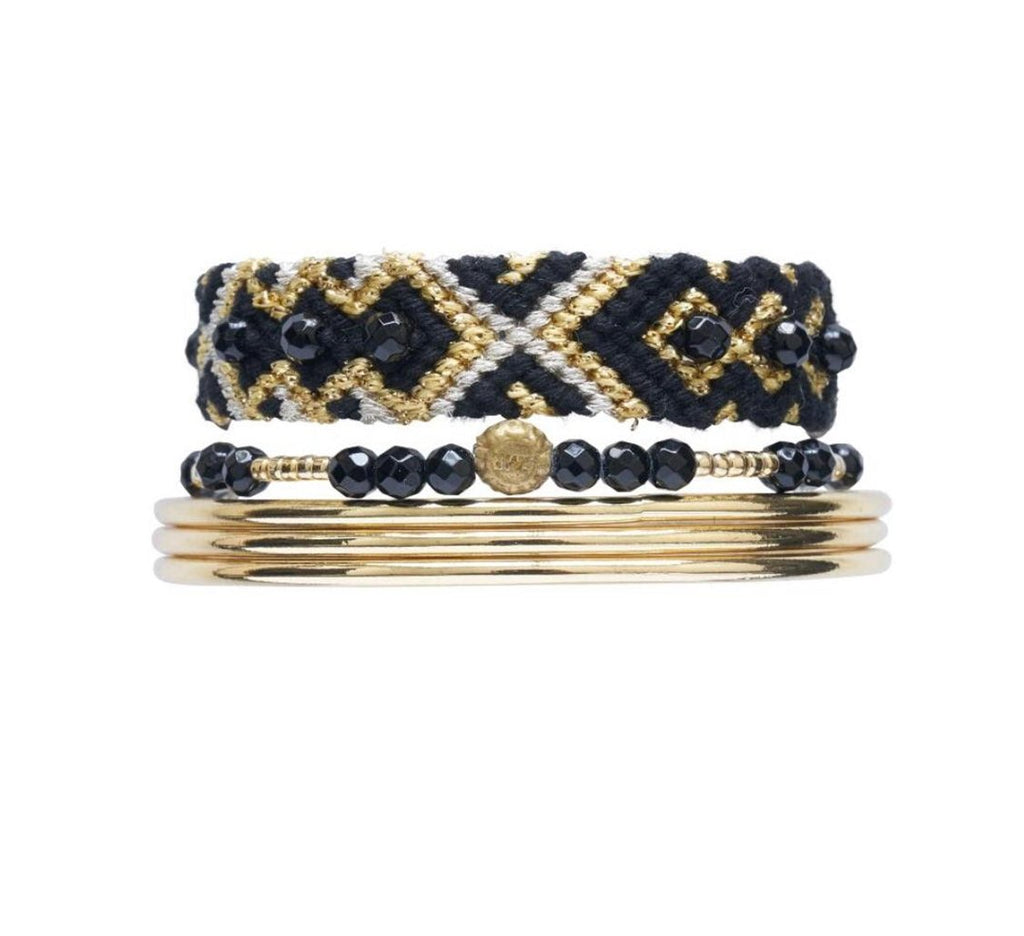 Friendship band black & Bangles stack - yellow gold